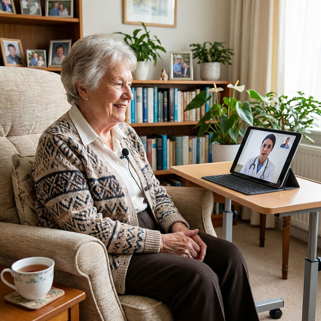 Senior woman having a telehealth video consultation with a doctor on a tablet.