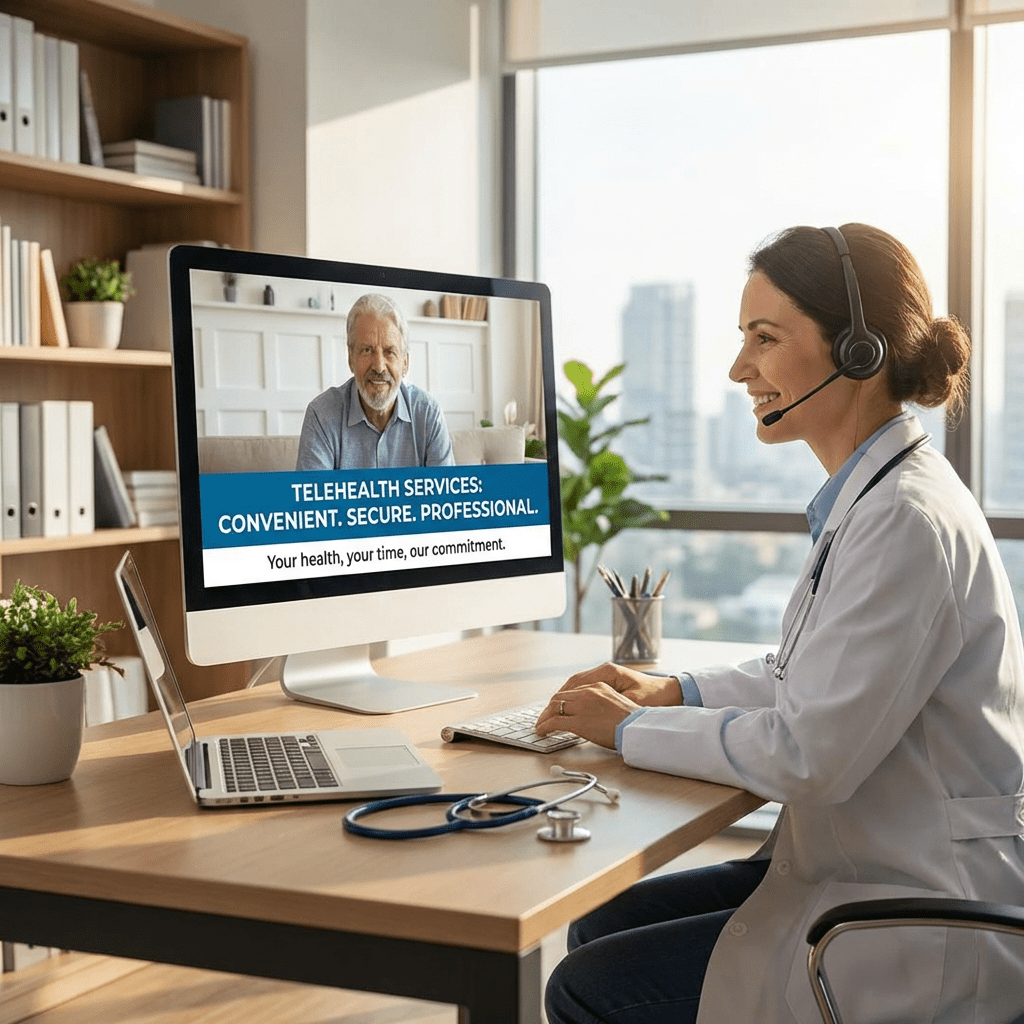 Doctor consulting patient via screen. Text: TELEHEALTH SERVICES: CONVENIENT. SECURE. PROFESSIONAL. Your health, your time, our commitment.