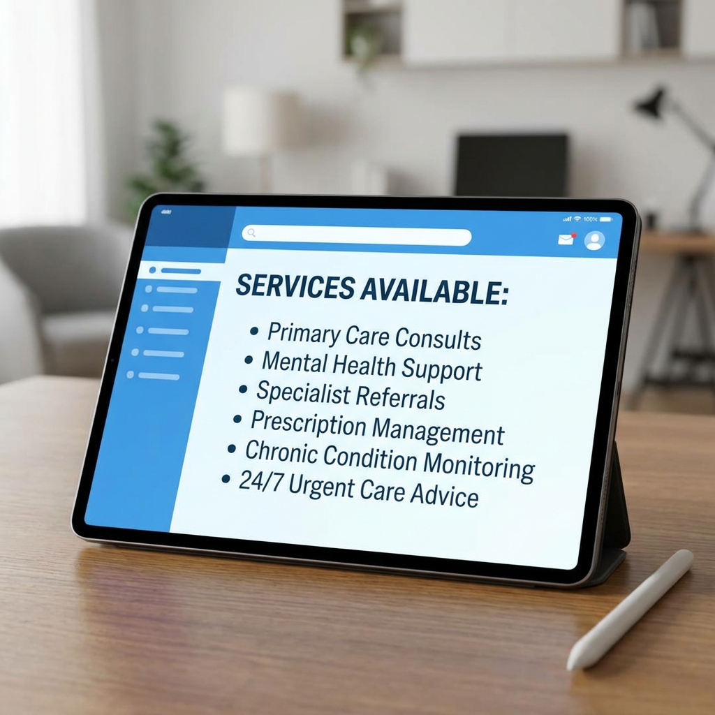 A tablet displays a list of medical services: Primary Care Consults, Mental Health Support, Specialist Referrals, Prescription Management, Chronic Condition Monitoring, and 24/7 Urgent Care Advice.